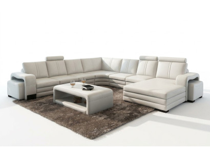 Divano angolare a U + 2 pouf + tavolino da salotto Design divano grigio imbottito in pelle.