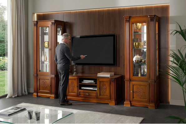 Vetrina classica per soggiorno, credenza, mobile TV, parete scaffale, armadio 3 pezzi in legno massello.