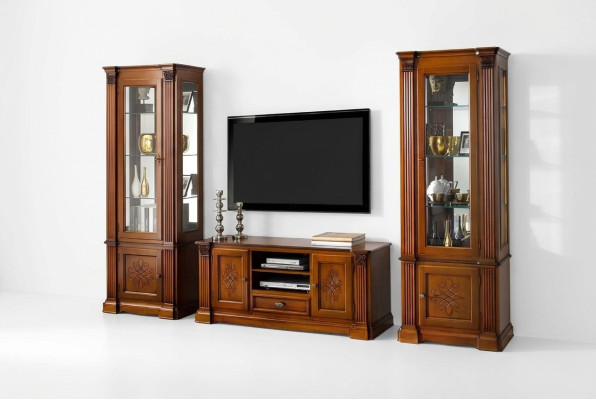Vetrina classica per soggiorno, credenza, mobile TV, parete scaffale, armadio 3 pezzi in legno massello.