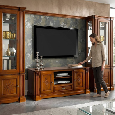 Soggiorno stile antico in legno, mobile porta tv in stile barocco italiano.