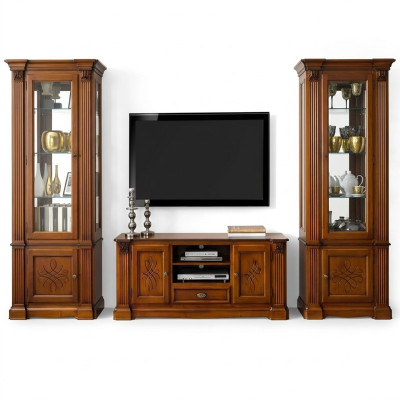 Soggiorno stile antico in legno, mobile porta tv in stile barocco italiano.