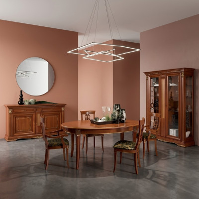 Sala da pranzo completa con tavolo, credenza, set di 4 sedie, vetrina stile barocco in legno massello 7 pezzi.