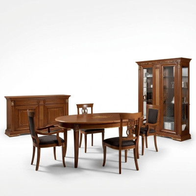 Sala da pranzo completa con tavolo, credenza, set di 4 sedie, vetrina stile barocco in legno massello 7 pezzi.