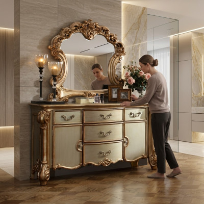 Buffet Vassoio Cassettone Specchio Vera lavorazione del legno Classico Barocco Rococò