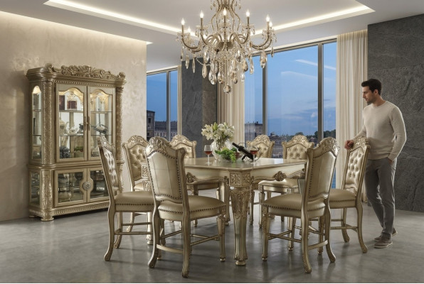 Gruppo da pranzo dorato Tavolo da pranzo di design con x8 sedie Mobili da sala da pranzo 9 pezzi.