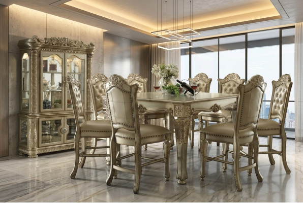 Set da pranzo classico dorato con tavolo rettangolare da pranzo, 8 sedie Chesterfield e vetrina, 10 pezzi.