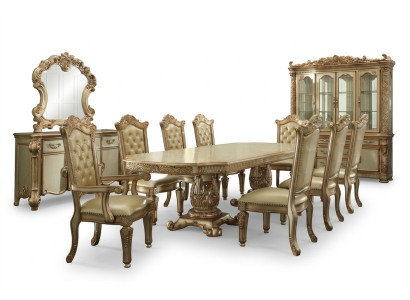 Set da pranzo con vetrina, tavolo, 8 sedie, cassettiera, specchio stile barocco