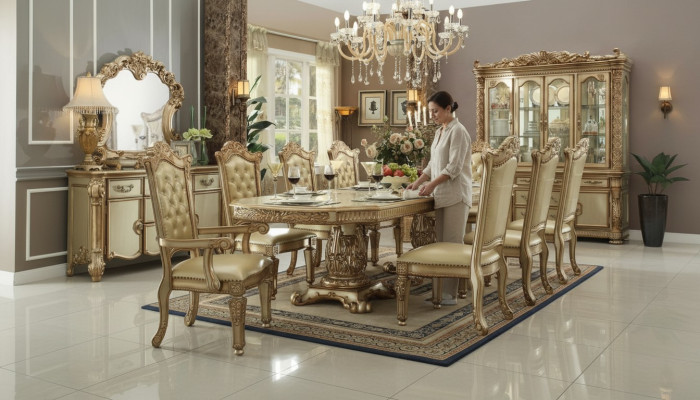 Sedia Chesterfield dorata. Mobili per la sala da pranzo di design. Poltrona singola di lusso.