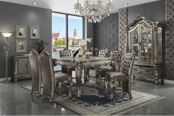 Mobili da sala da pranzo in stile barocco grigio, tavolo da pranzo con vetrina e 6 sedie.