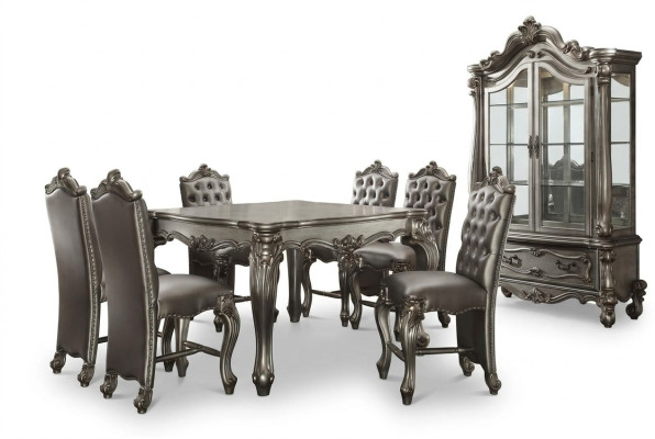 Mobili da sala da pranzo in stile barocco grigio, tavolo da pranzo con vetrina e 6 sedie.