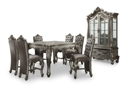 Mobili da sala da pranzo in stile barocco grigio, tavolo da pranzo con vetrina e 6 sedie.