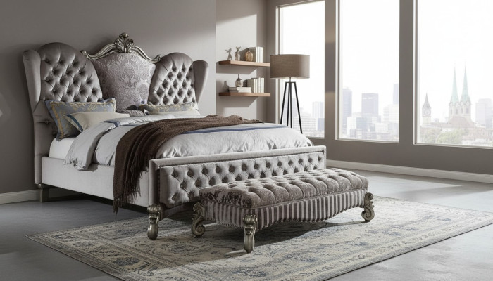 Letto Letto imbottito di lusso Camera da letto matrimoniale Decorazione barocca Legno Letto in pelle