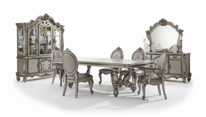 Set da pranzo 11 pezzi nuovo barocco con tavolo, 8 sedie, credenza e specchio.