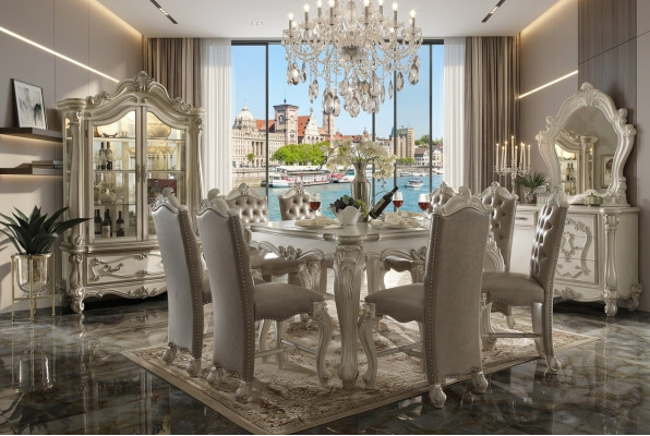Set da pranzo grigio con vetrina, tavolo, set da 8 sedie, gruppo tavolo, 10 pezzi.