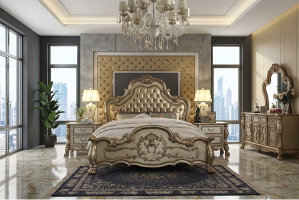 Letto classico stile barocco Chesterfield rococò doppio in pelle antique per hotel.