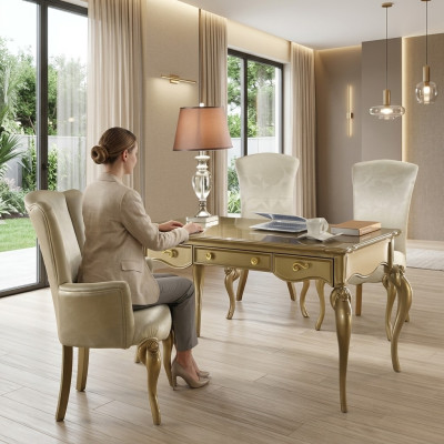 Set da ufficio composizione scrivania in legno poltrona stile barocco rococò 2 pezzi.