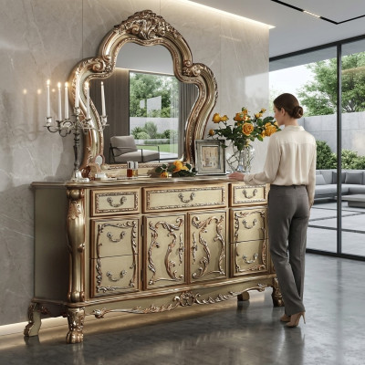 Mobiletto di pregio buffet credenze armadio + specchio barocco rococò credenza legno nuovo