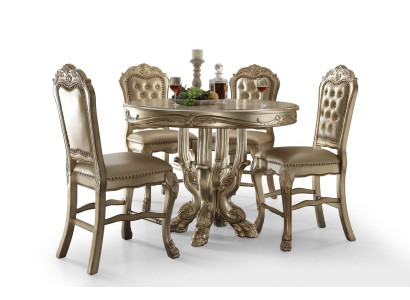 Classico tavolo rotondo dorato da pranzo con 4 sedie Chesterfield per sala da pranzo, set da 5 pezzi.
