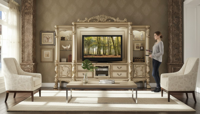 Mobile TV in legno, stile barocco, scaffale, mobile da soggiorno, armadio, nuovo classico.