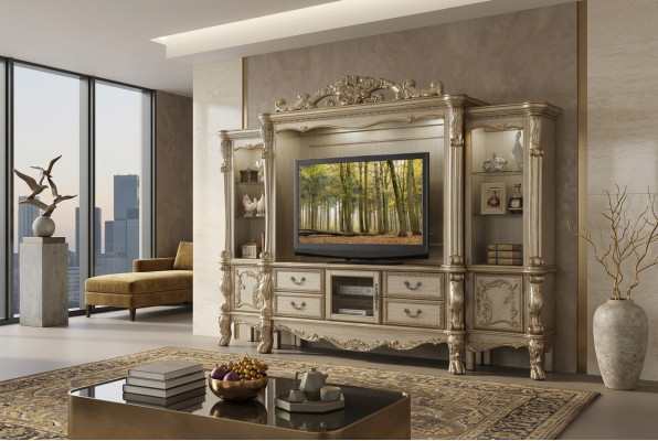 Mobile TV in legno, stile barocco, scaffale, mobile da soggiorno, armadio, nuovo classico.