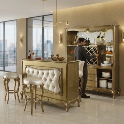 Moderno set da bar Chesterfield del designer Barganitur con 2 sgabelli da bar, set completo da 3 pezzi.
