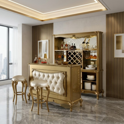 Moderno set da bar Chesterfield del designer Barganitur con 2 sgabelli da bar, set completo da 3 pezzi.