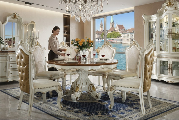 Set da pranzo reale in stile barocco rococò - tavolo e 8 sedie Chesterfield