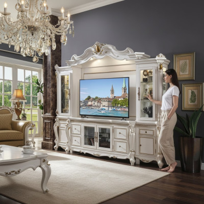 Mobile TV classico, parete abitativa in legno massello, decorazioni fatte a mano, scaffale con vetrina.