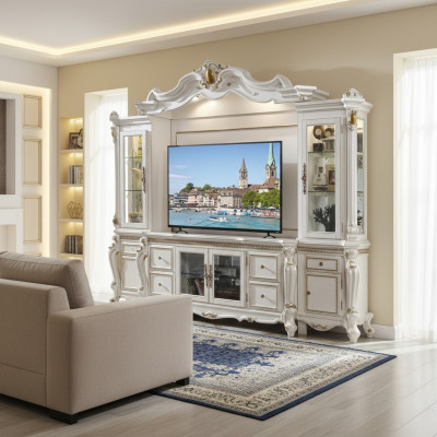Mobile TV classico, parete abitativa in legno massello, decorazioni fatte a mano, scaffale con vetrina.