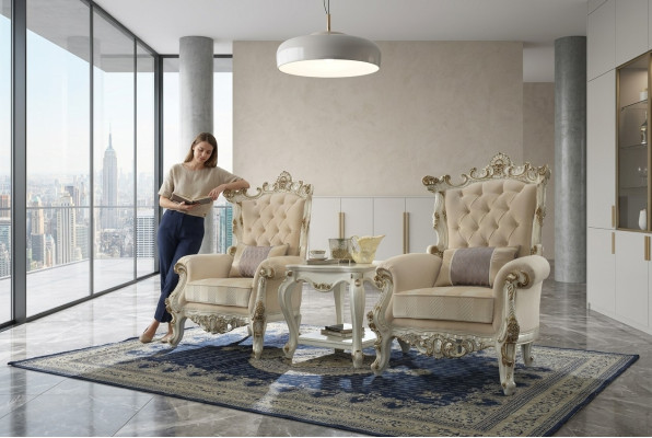 Trono Poltrona Reale Imbottita 1 Posto Stile Antico Sedie Beige Legno Barocco