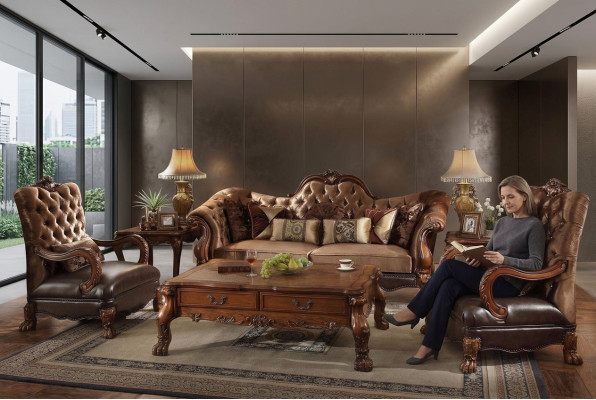 Divano Chesterfield 2 posti in tessuto di design di lusso, due posti in legno.
