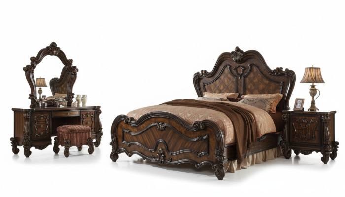 Camera da letto comodini set letto 5 pezzi. Stile barocco antico in legno.