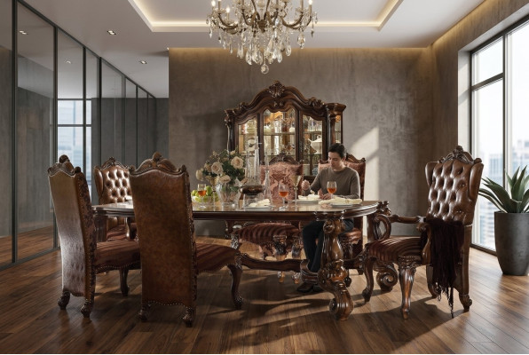 Tavolo da pranzo classico in legno marrone + set da pranzo con 6 sedie Chesterfield, 7 pezzi.