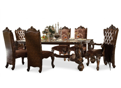 Tavolo da pranzo classico in legno marrone + set da pranzo con 6 sedie Chesterfield, 7 pezzi.