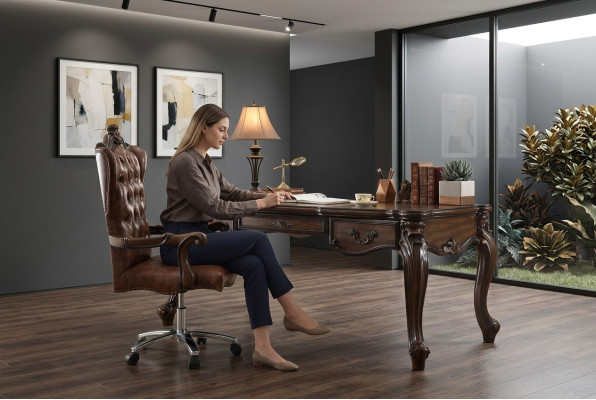 Sedia da ufficio sedia poltrona classica sedia da scrivania in pelle e legno stile barocco.
