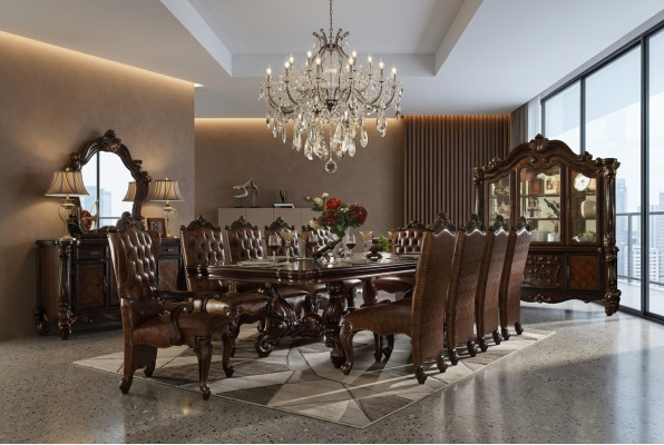 Set da pranzo 9 pezzi stile Barocco Rococò, tavolo con 8 sedie, gruppo di sedie.