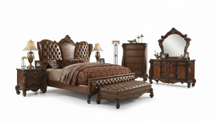 Set completo per la camera da letto con design, 6 pezzi. Letto e comodino inclusi nella decorazione della camera da letto.