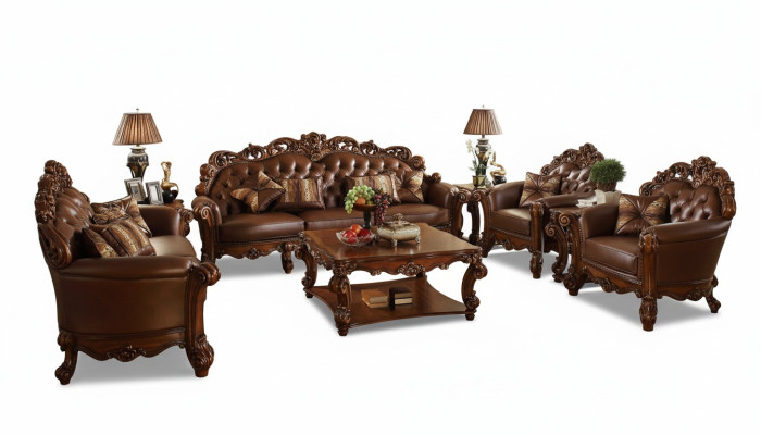 Set completo di divani 5 pezzi. Tavolino da caffè divano divano legno paesaggio abitativo.