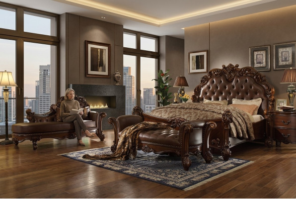 Reale coppia di letti matrimoniali, 2 comodini, set completo di console.