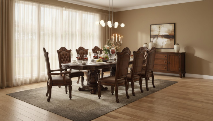 Lussuoso set da sala da pranzo in stile barocco con tavolo da pranzo designer e sedie Chesterfield marroni.