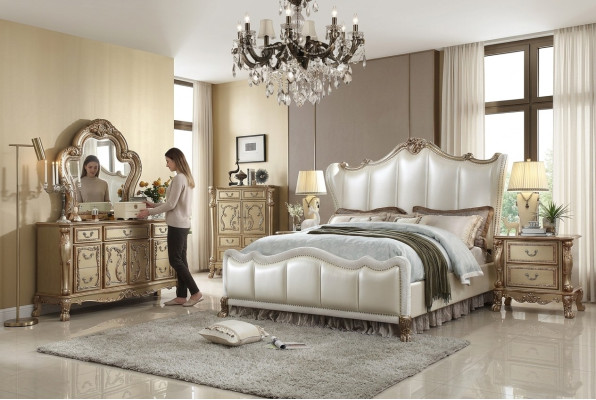 Set di camera da letto reale con letto + 2 comodini in pelle, nuovi letti matrimoniali per hotel.