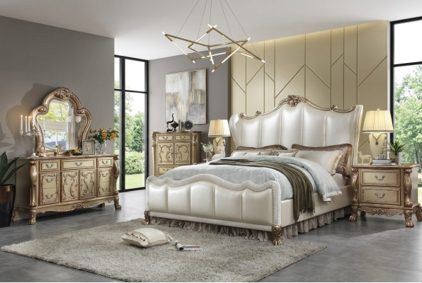 Set di camera da letto reale con letto + 2 comodini in pelle, nuovi letti matrimoniali per hotel.