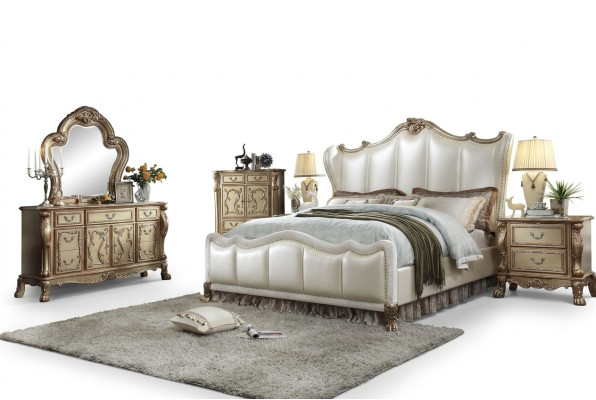 Set di camera da letto reale con letto + 2 comodini in pelle, nuovi letti matrimoniali per hotel.