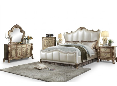 Set di camera da letto reale con letto + 2 comodini in pelle, nuovi letti matrimoniali per hotel.