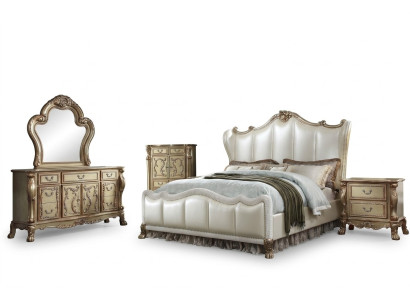 Camera da letto comodini Set Letto 5pz. Stile barocco antico Rococò Letto in legno