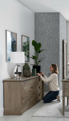 Mobile designer basso in stile antico per il soggiorno con armadio e scaffale.