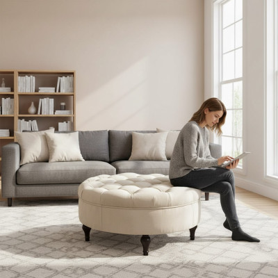 Pouf rotondo Chesterfield imbottito Pouf poggiapiedi Ottomana Divano rotondo Nuovo da appoggio