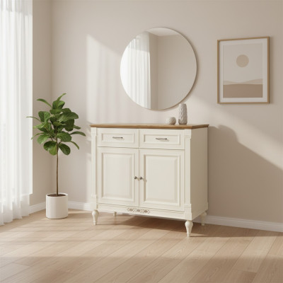 Mobiletto da designer in stile antico per il soggiorno con credenza e scaffale basso.