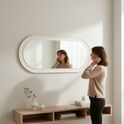 Specchio con cornice in legno, grande specchio da parete, design classico, ovale, cornice in legno di 150cm.