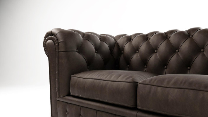 Divano Chesterfield 2 posti in tessuto imbottito in tessametal e pelle.